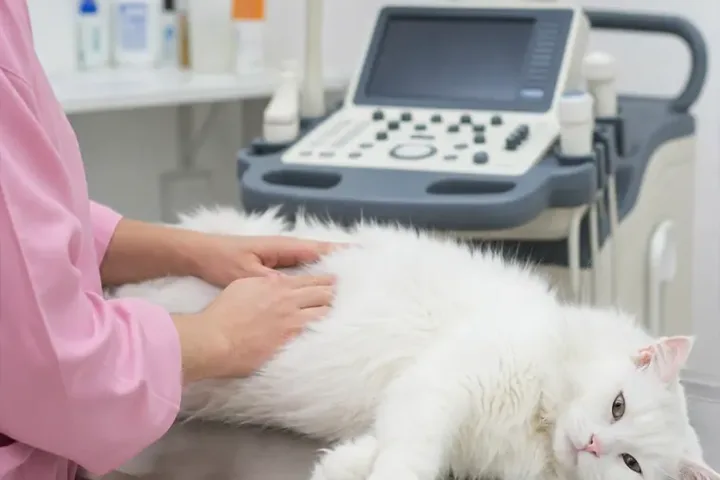 Gato branco em exame de ultrassom